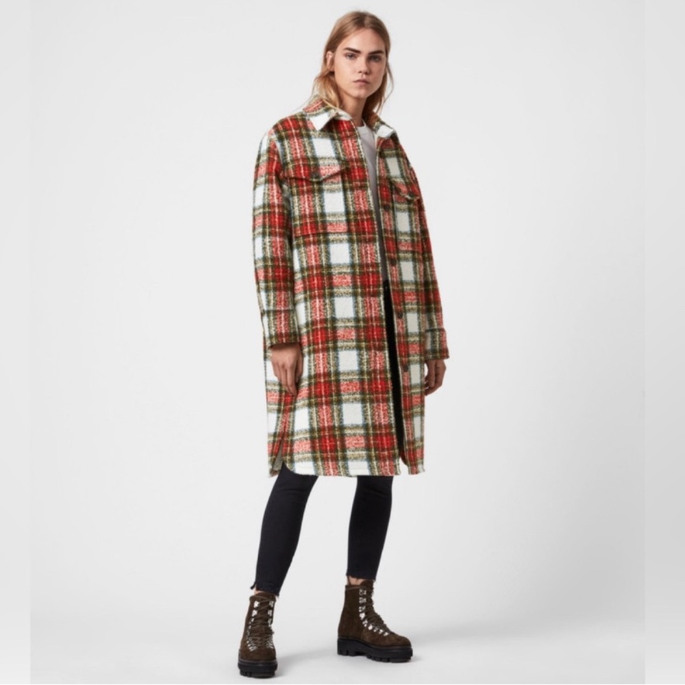 NWT AllSaints Nia Wool Blend Check Coat size 10